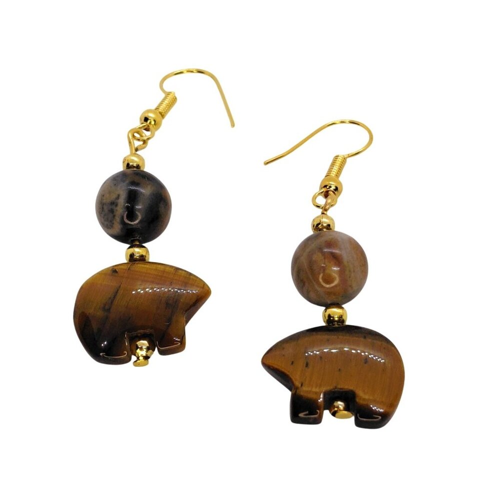 Bear earrings Tiger eye jasper gold tone earwires